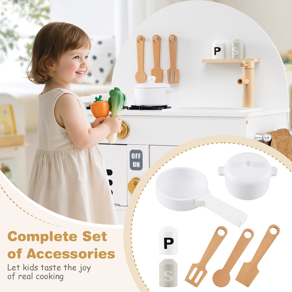 image 1 of COSTWAY Pretend Play Kitchen Wooden Kitchen Playset with Stoves White