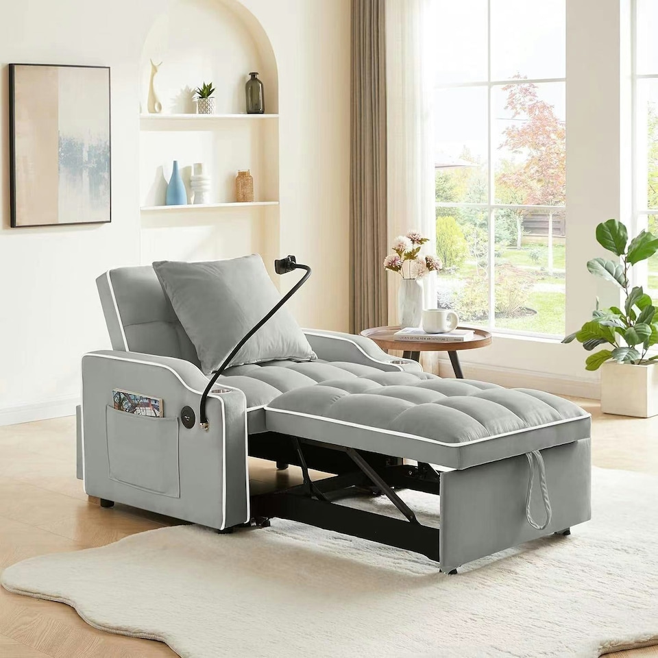 image 1 of 3-in-1 Convertible Sofa Bed Sleeper Chair with Adjustable Backrest, USB Charging & Cup Holder for Small Spaces Grey