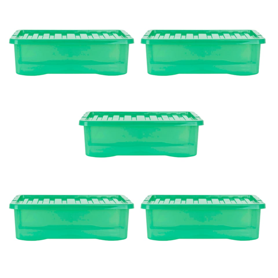 image 1 of Wham Crystal 5 x 32L Stackable Plastic Storage Boxes with Lids Green