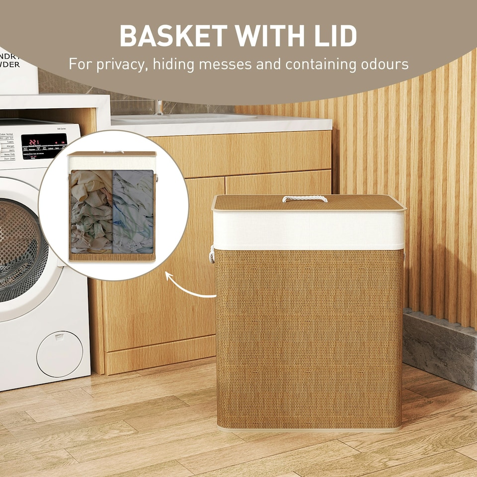 image 1 of HOMCOM 100L Laundry Basket with Lid, Washing Basket for Bathroom, Brown Brown | Cream White