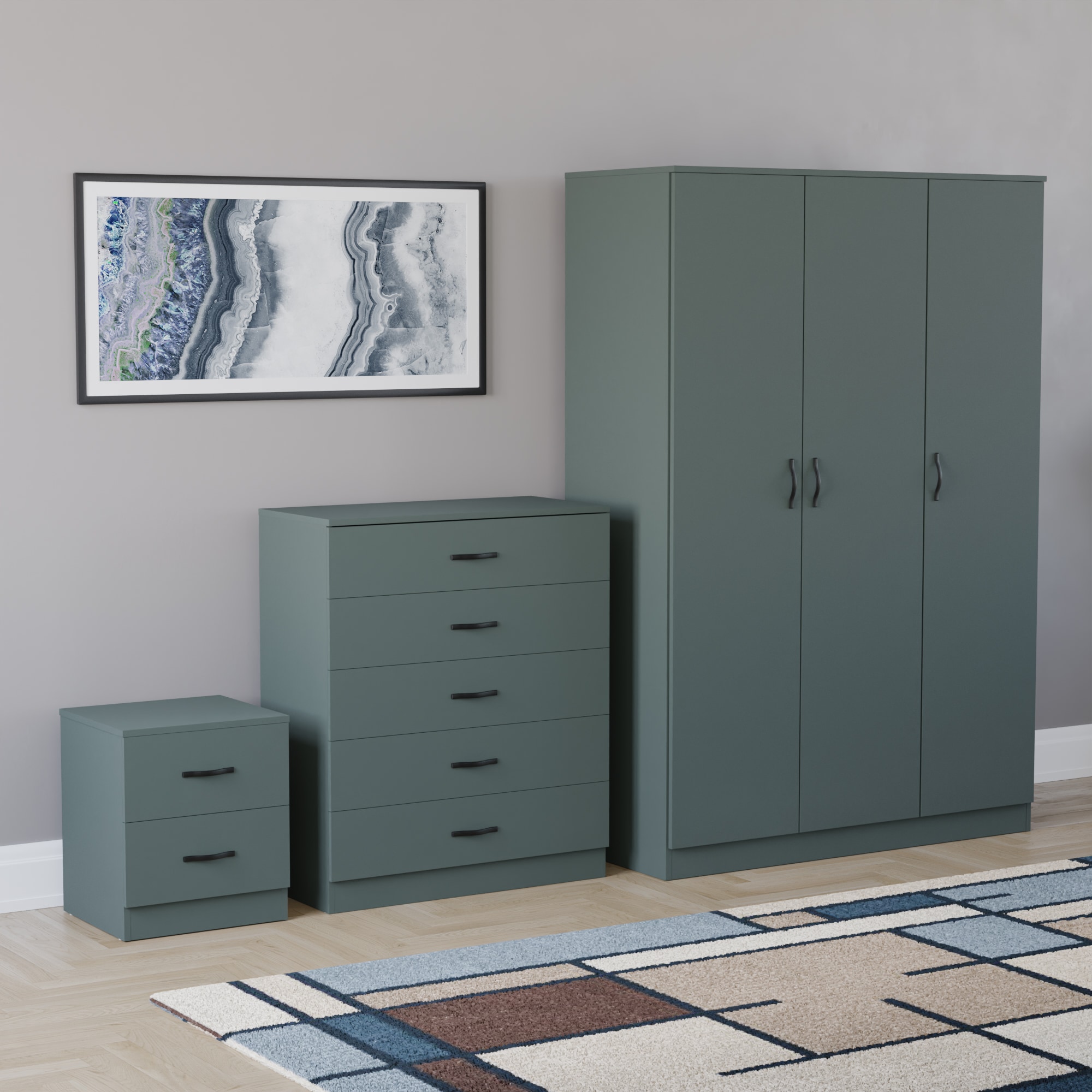 Vida Designs Riano 3 Piece Bedroom Set (2 Drawer Bedside Chest, 5 Drawer Chest, 3 Door Wardrobe) - Green