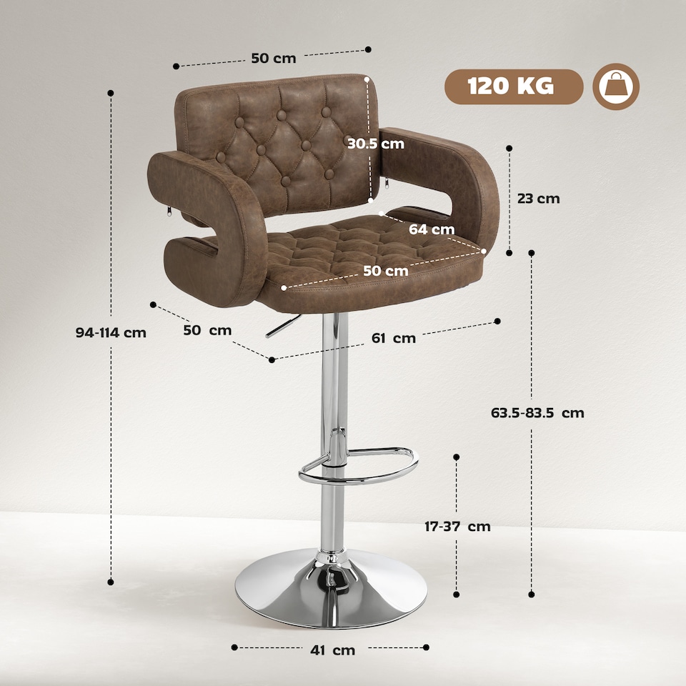 image 1 of HOMCOM Swivel Bar Stool with Extra Large Seat, PU Leather Upholstered Adjustable Barstool with Back, Arm and Footrest, Breakfast Bar Chair for Bistro, Kitchen, Coffee | Brown | Coffee
