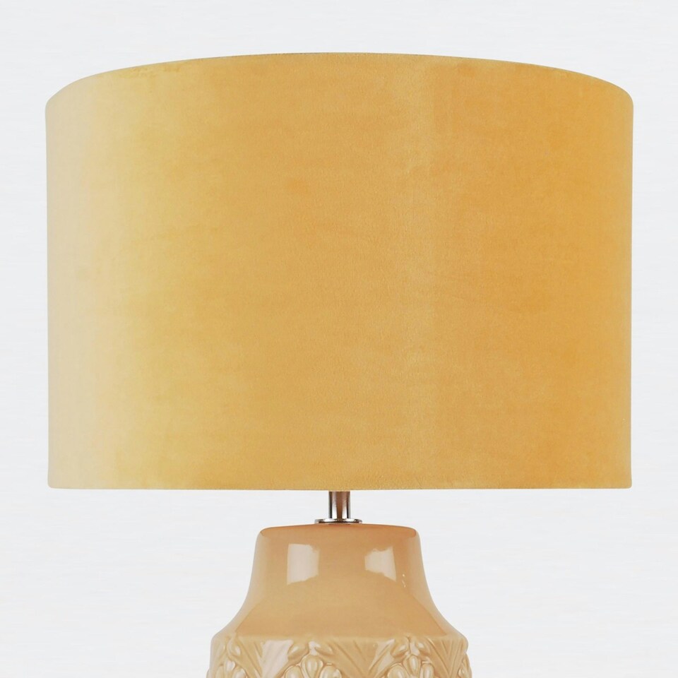 image 1 of First Choice Lighting Peacock Glazed Ceramic Lamp with Ochre Velour Shade Yellow | Yellow
