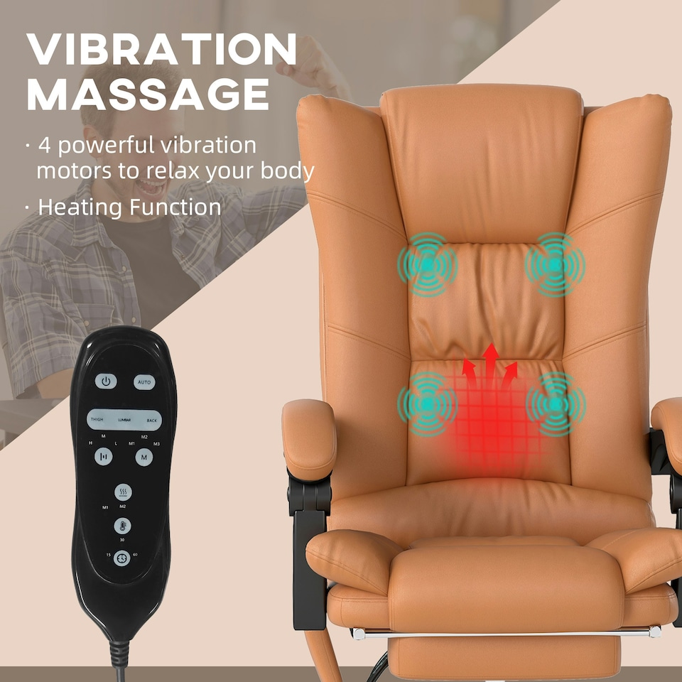 image 1 of Vinsetto PU Leather Vibration Massage Office Chair with Heat, Light Brown