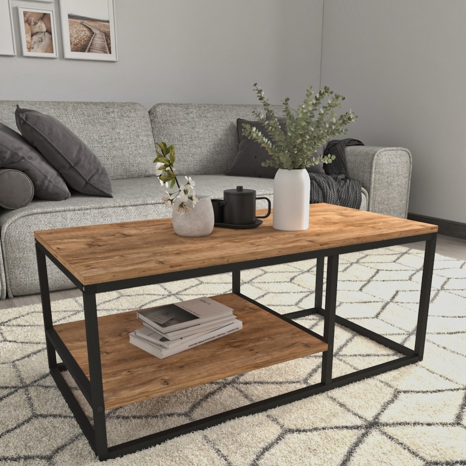 image 1 of 2-Shelf Wooden Rectangle Coffee & Side Table With Metal Frame Living Room Decor | Multi | Pine