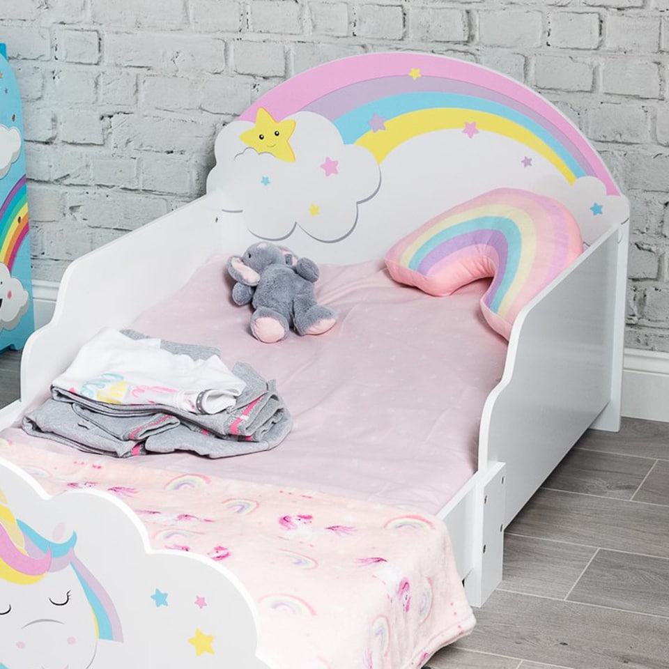 image 1 of Unicorn Themed Wooden Bed Frame w/ Guardrails - 70x140cm | Multi | Unicorn | 1