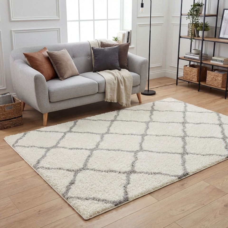 image 1 of THE RUGS Shaggy Rug – Modern Moroccan Design Rugs for Living Room, Bedroom, Hallway, 3 cm Thick Area Rugs, (Moroccan Ivory/Grey, 80x150cm)