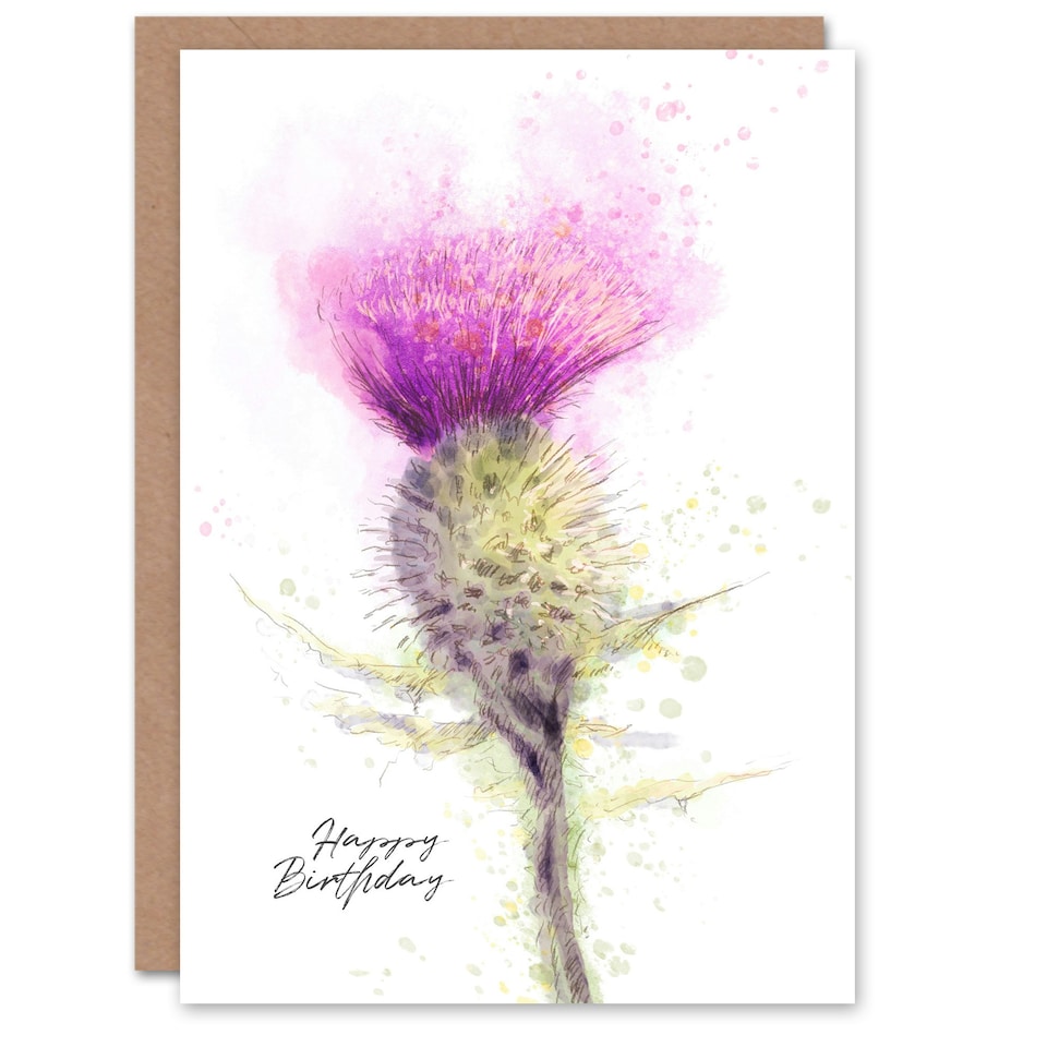image 1 of Happy Birthday Scottish Thistle Flower Watercolor Birthday Card