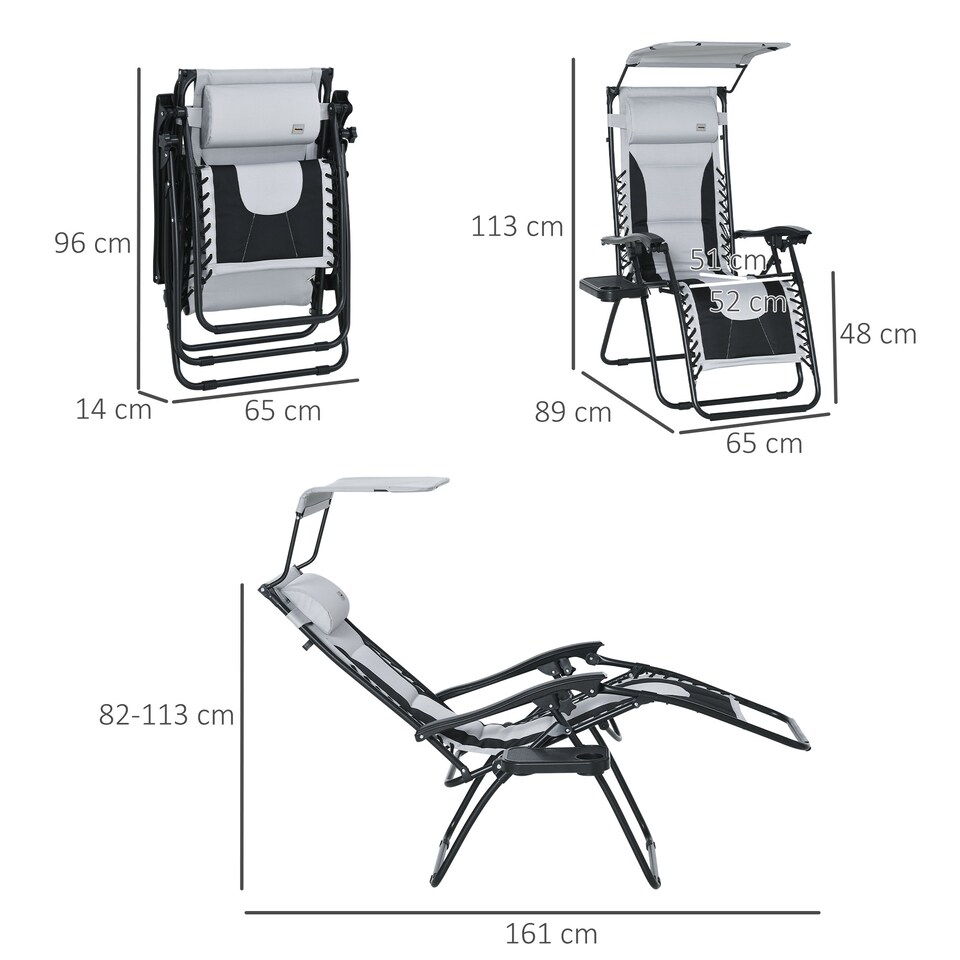 image 1 of Outsunny Zero Gravity Lounger Chair, Folding Camping Reclining Chair, Grey | Grey | Grey