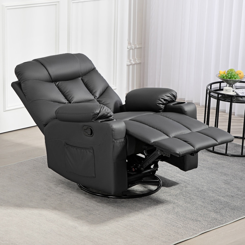 image 1 of HOMCOM Recliner Armchair, Swivel PU Leather Manual Reclining Chair with Adjustable Leg Rest, Drink Holders, Side Pockets, Rocker Chair for Home Living Room, Black