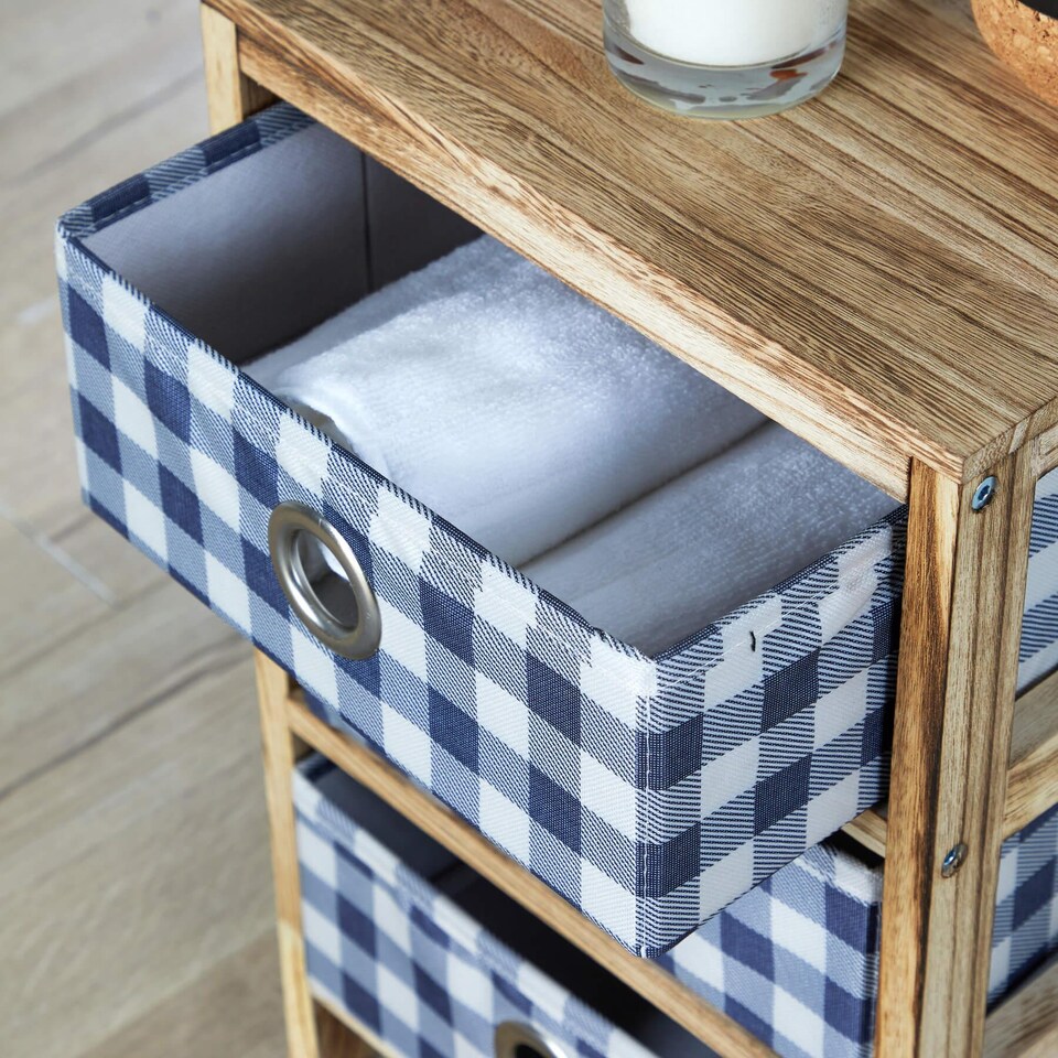 image 1 of Wooden Chest Of Storage Drawers Plaid Fabric Bedroom Organiser Coastal Style | Brown