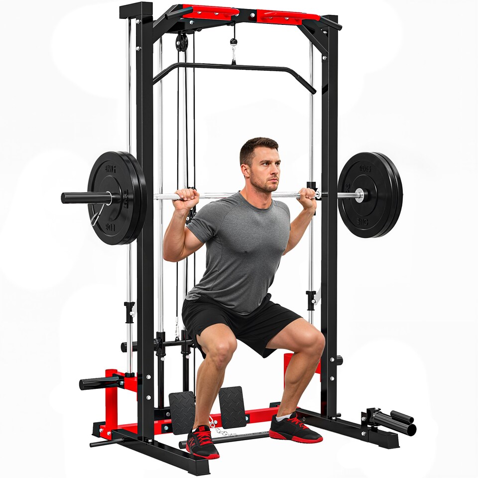 image 1 of SPORTNOW Multi-Function Power Rack, Cable Crossover Machine with Pull Up Bar, Lat Pull Down System, Squat Rack, Barbell Bar, Landmine, Plate Storage Posts, for Home Gym Workout