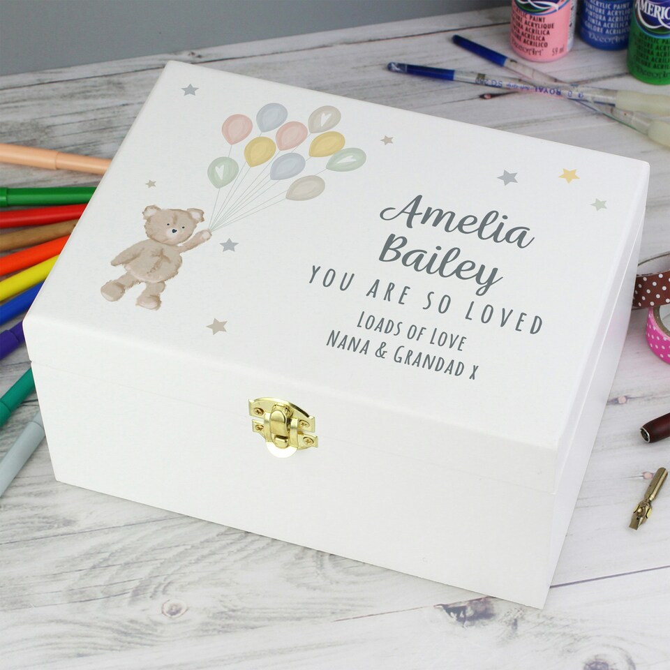 image 1 of Personalised Teddy & Balloons White Wooden Keepsake Box White