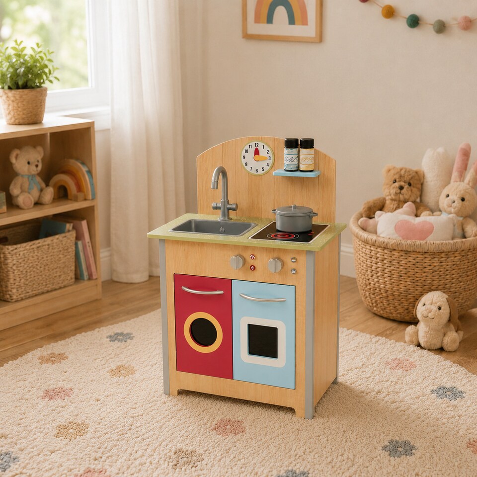 image 1 of Teamson Kids Wooden Play Kitchen with 4 Accessories, Wooden, Porto
