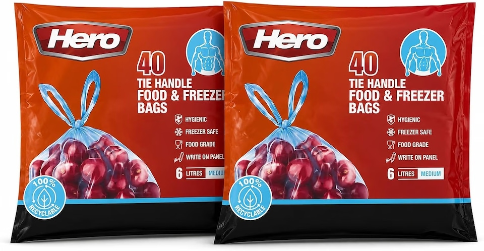 image 1 of Hero Tie Handle Food Storage Bags 6L Pack of 40 Reusable BPA Free Freezer & Sandwich Bags with Airtight Seal for Fruits, Vegetables, Meat and Grains