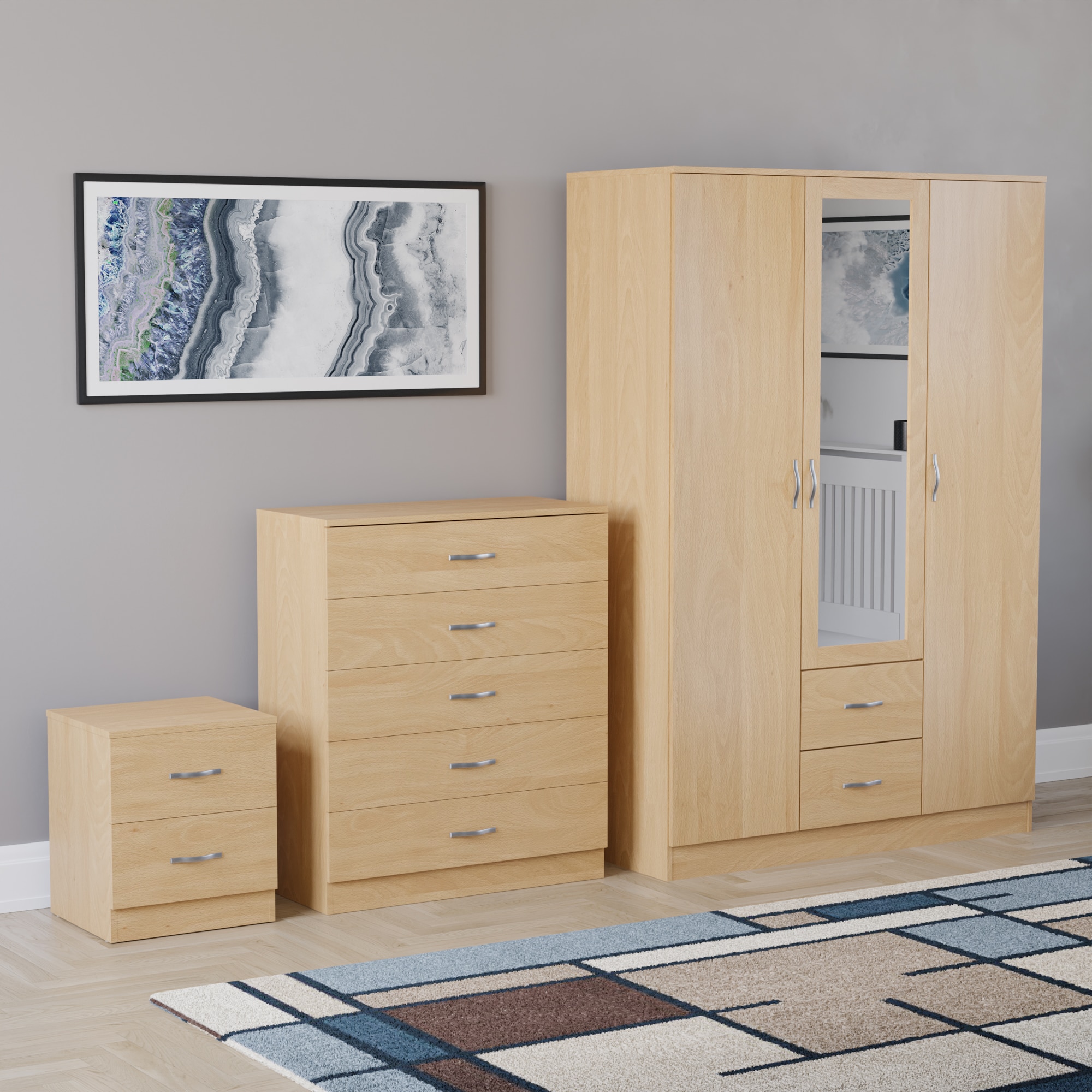 Vida Designs Riano 3 Piece Bedroom Set (2 Drawer Bedside Chest, 5 Drawer Chest, 3 Door 2 Drawer Mirrored Wardrobe) - Pine