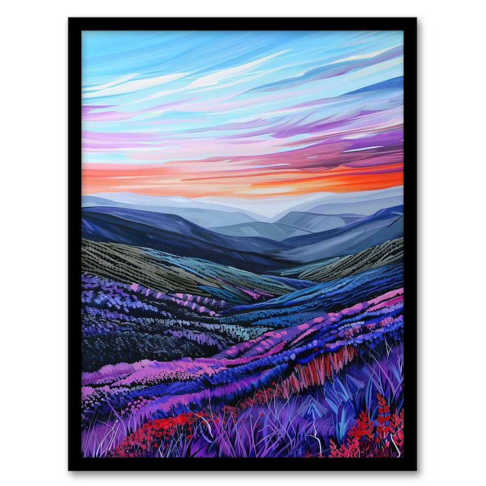 image 1 of Scottish Heather Fields Purple Hills Living Room Black Framed Wall Art Print A4