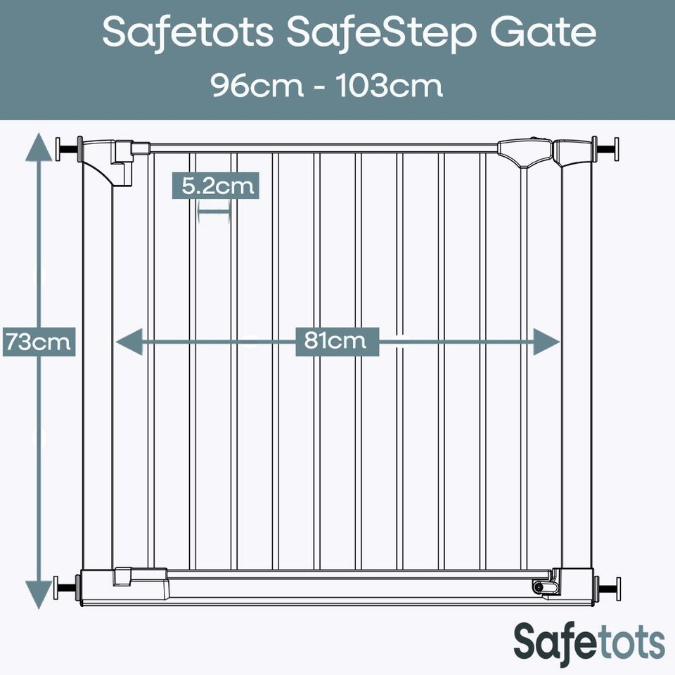 image 1 of Safetots SafeStep Gate, White, 96cm - 103cm, Extra Low Walkthough, 81cm Extra Wide Doorway, One Piece Extra Wide Baby Gate