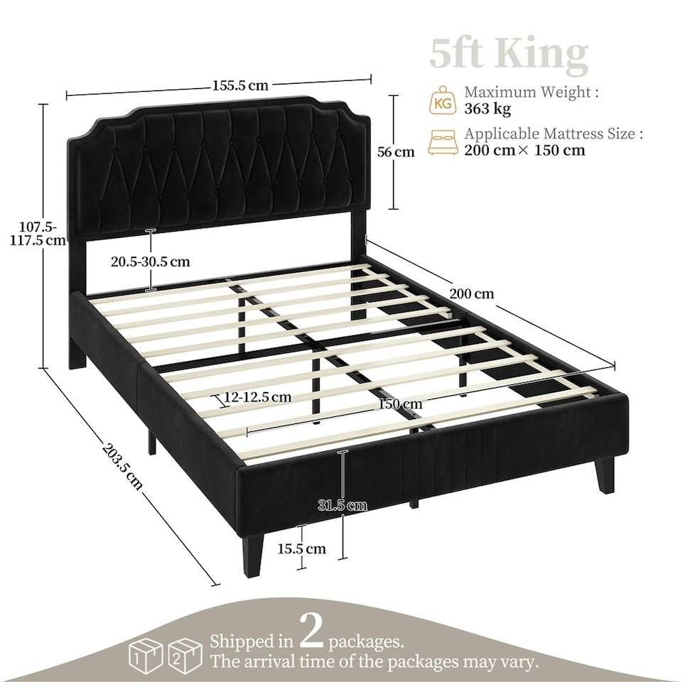 image 1 of Yaheetech 5ft King Upholstered Bed Frame with Button-Tufted Headboard Black