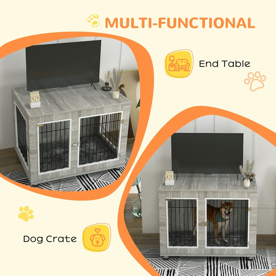 image 1 of PawHut Dog Crate Furniture, Dog Crate End Table w/ Soft Cushion, Double Door