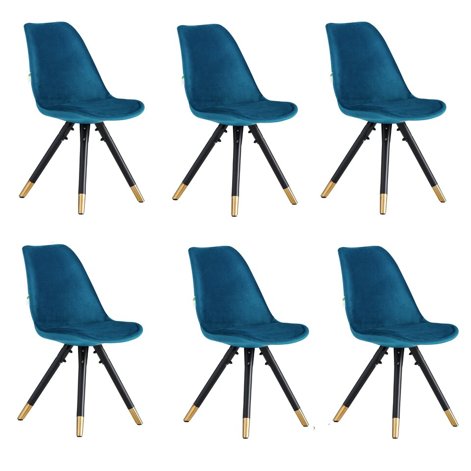 image 1 of Set of 6 Sofia Ergonomic Modern Dining Chairs Upholstered in Velvet, Metal Legs with Gold End Tips Blue