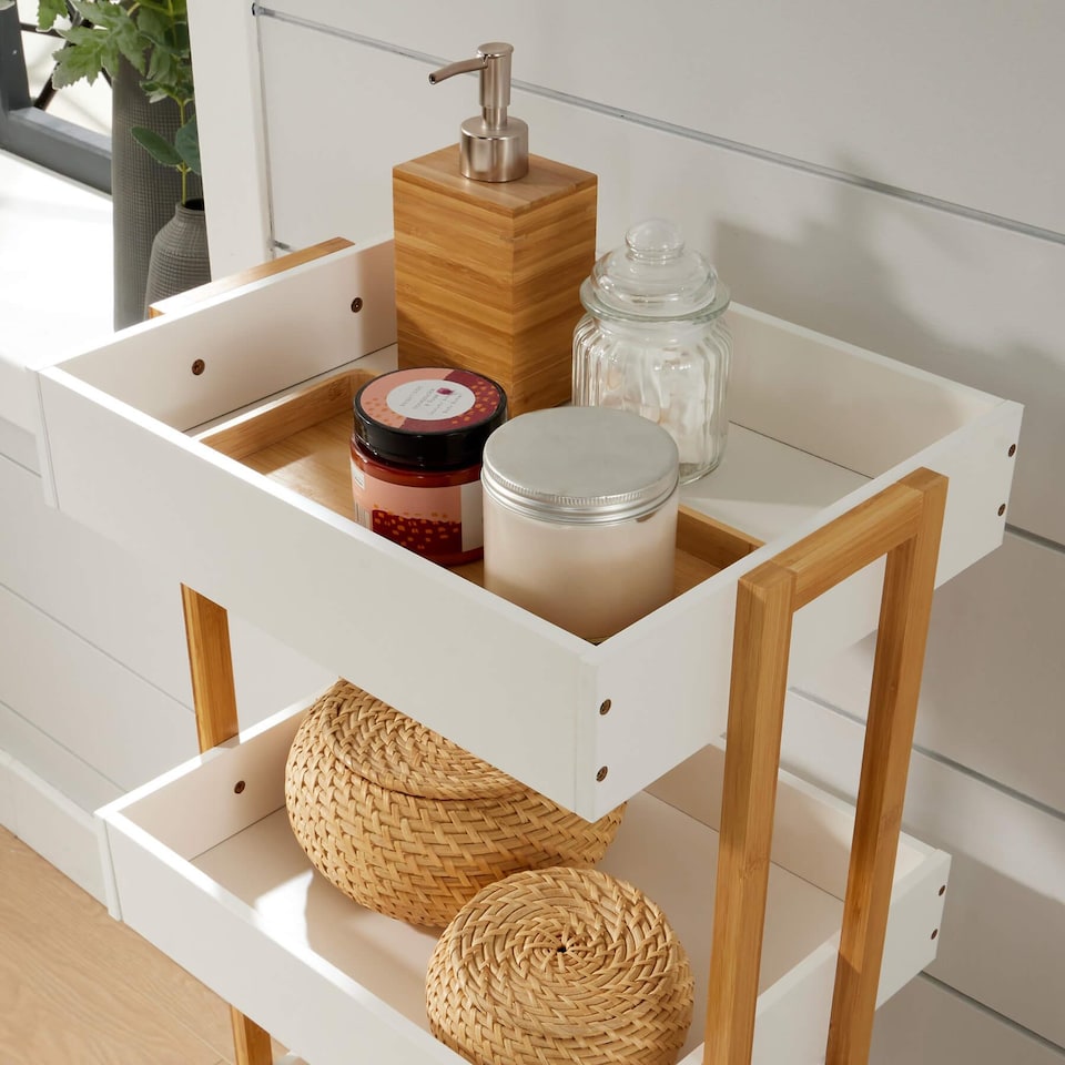 image 1 of Bamboo Storage Trolley White 4 Tier with Wheels Kitchen Bathroom Organiser Unit