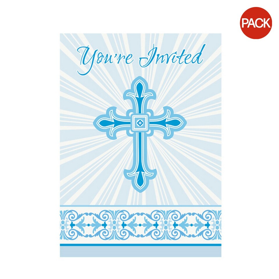 Unique Party Radiant Cross Paper Design Christening Party Invites (Pack Of 8) - White/Blue - One Size
