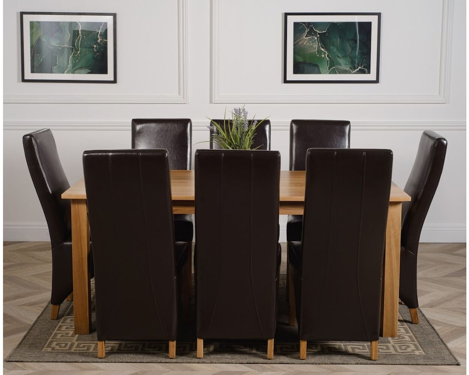 image 1 of Oslo 180 x 90 cm Large Oak Dining Table and 8 Lola Leather Chairs | Brown | Brown