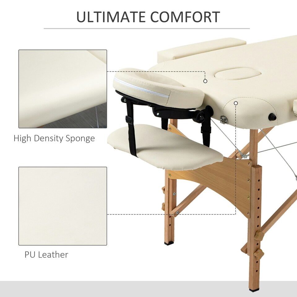 image 1 of HOMCOM Wooden Folding Spa Beauty Massage Table w/ 2 Sections, Carry Bag, Cream