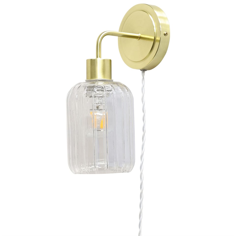 image 1 of Toby - Satin Brass Plug in Wall Light with Lozenge Ribbed Glass Shade