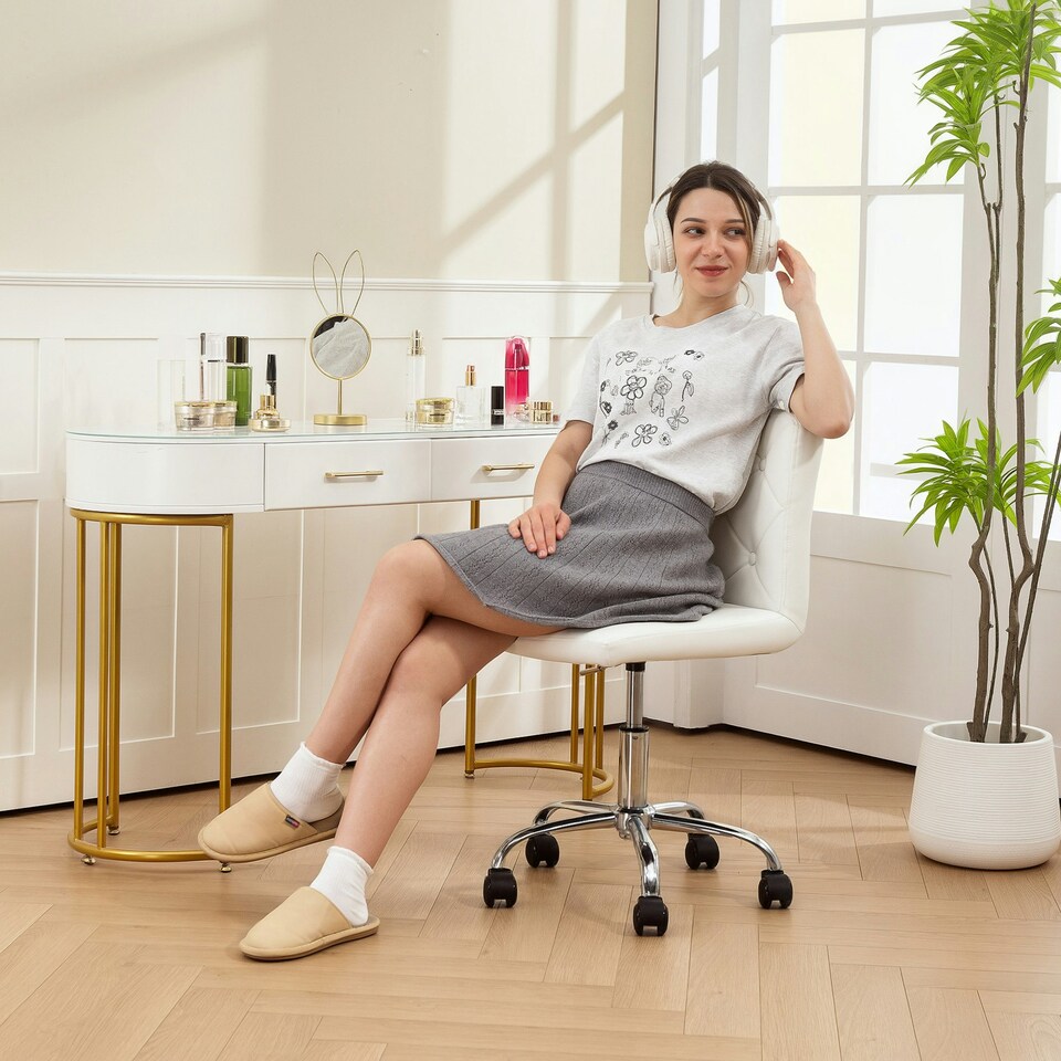 image 1 of HOMCOM Modern Vanity Computer Desk Chair with Rolling Wheels, White White