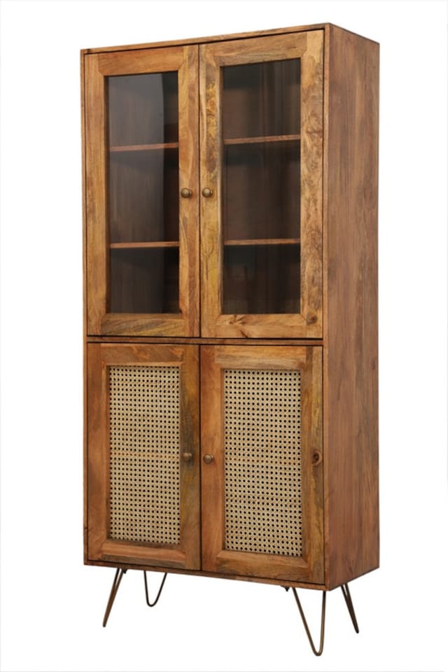 image 1 of Nyack Almiraha Cabinet - Mango Wood/Iron - L45 x W86 x H185 cm - Light Brown with Natural Rattan - Assembly Required