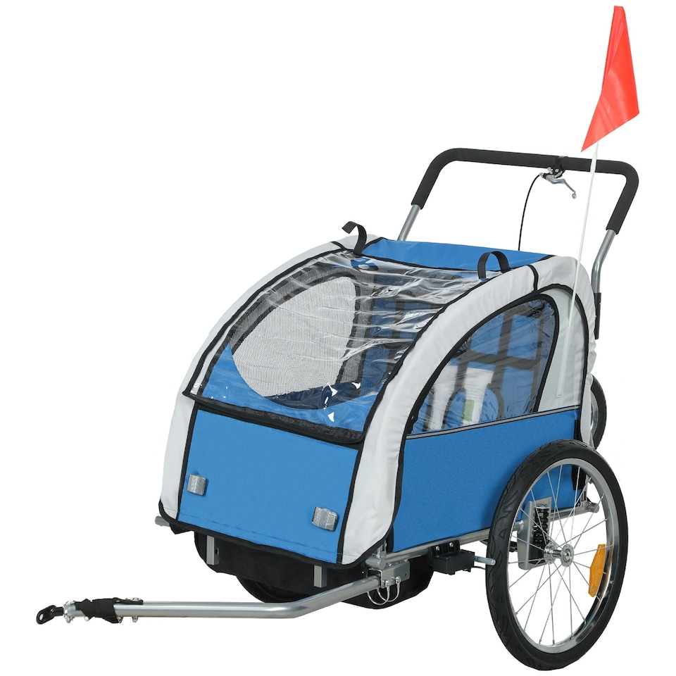 image 1 of HOMCOM 2 Seat Bike Trailer with 5 Point Harness, for 18+ Months, Blue