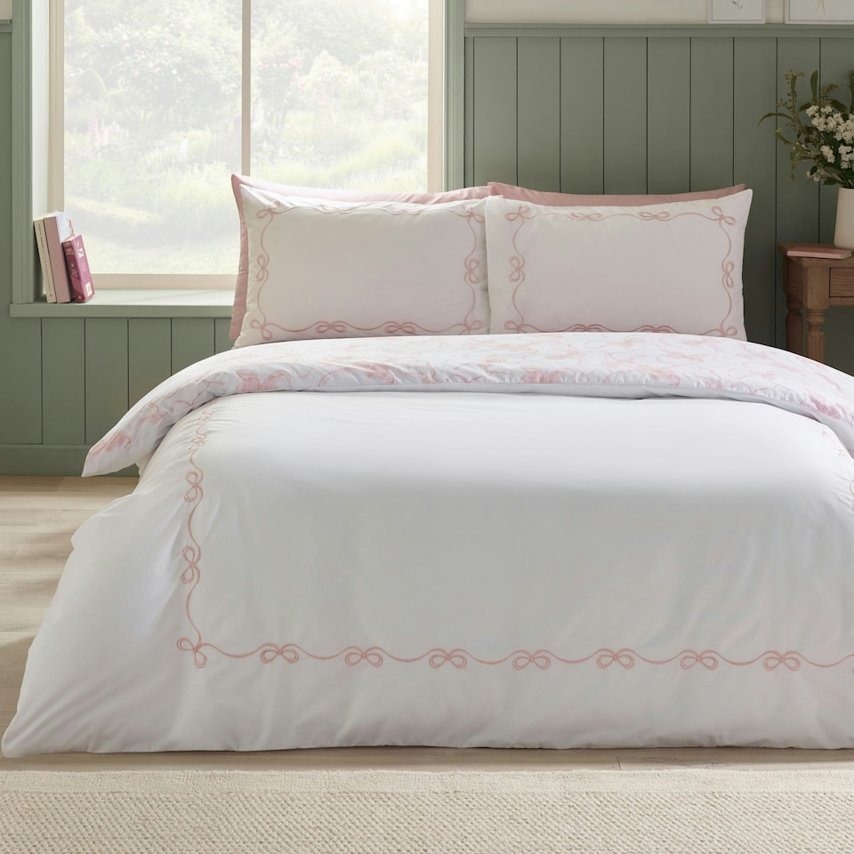 image 1 of Catherine Lansfield Bow Embroidery Duvet Cover Set White / Pink Pink | White / Pink | Double