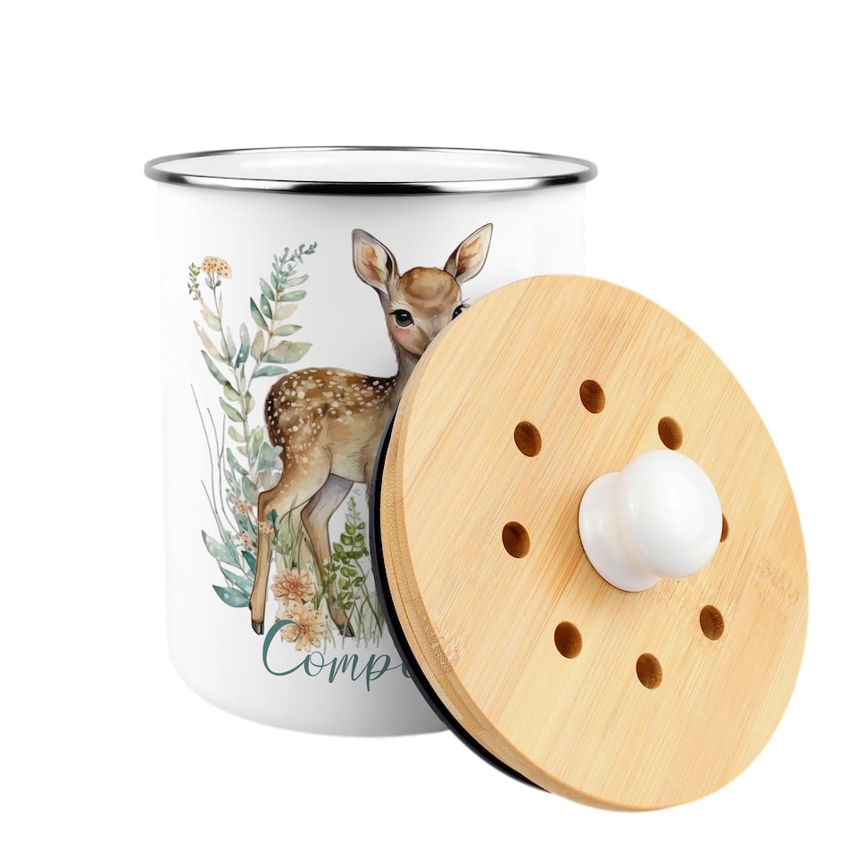 image 1 of Floral Deer Compost Caddy - Metal 2L Decorative Kitchen Food Waste Bin