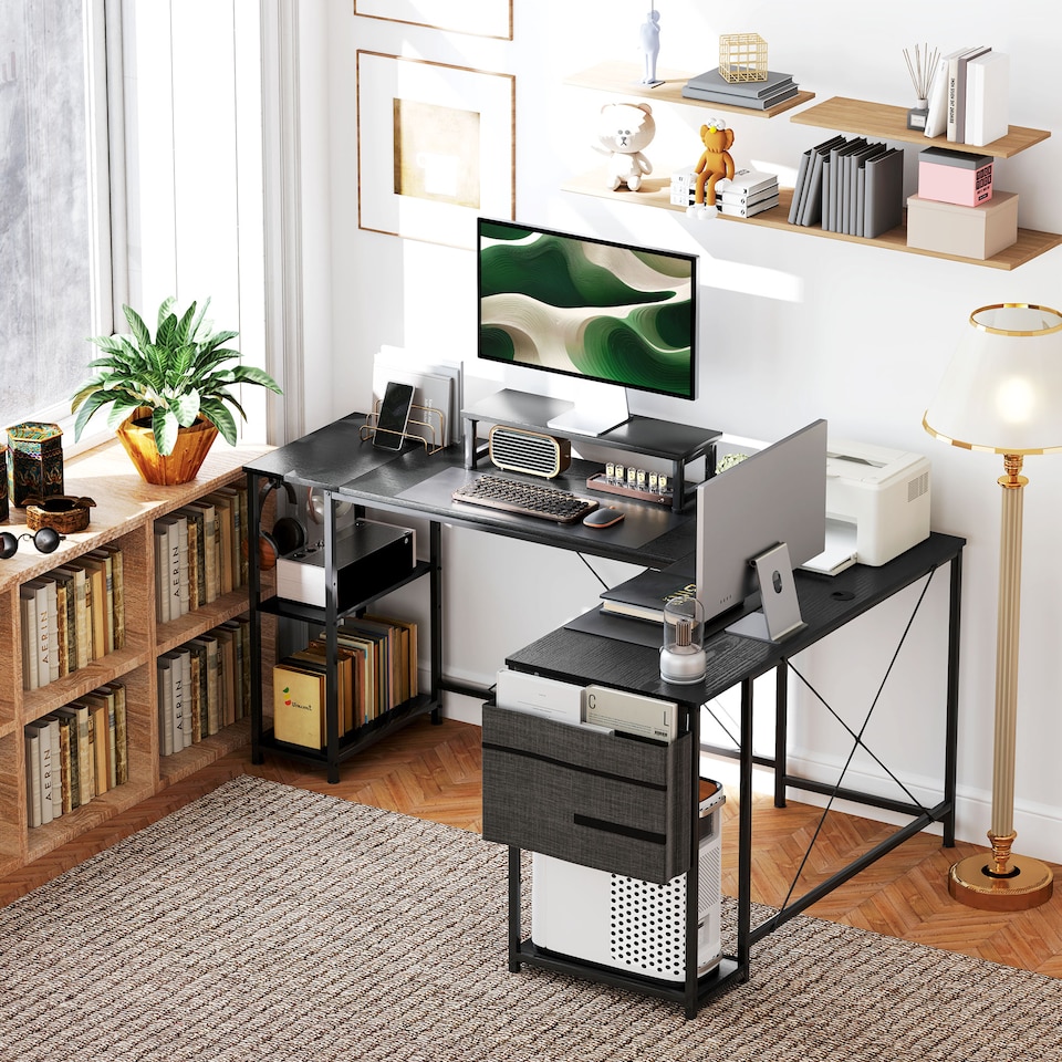 image 1 of HOMCOM 168cm Reversible L Shaped Desk, 240cm Two Person Desk, Black | Black