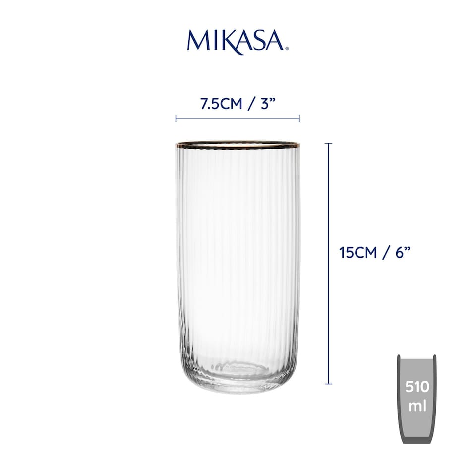 image 1 of Mikasa Highball Cocktail Glasses Set Clear Ridged Crystal 375ml Set of 4