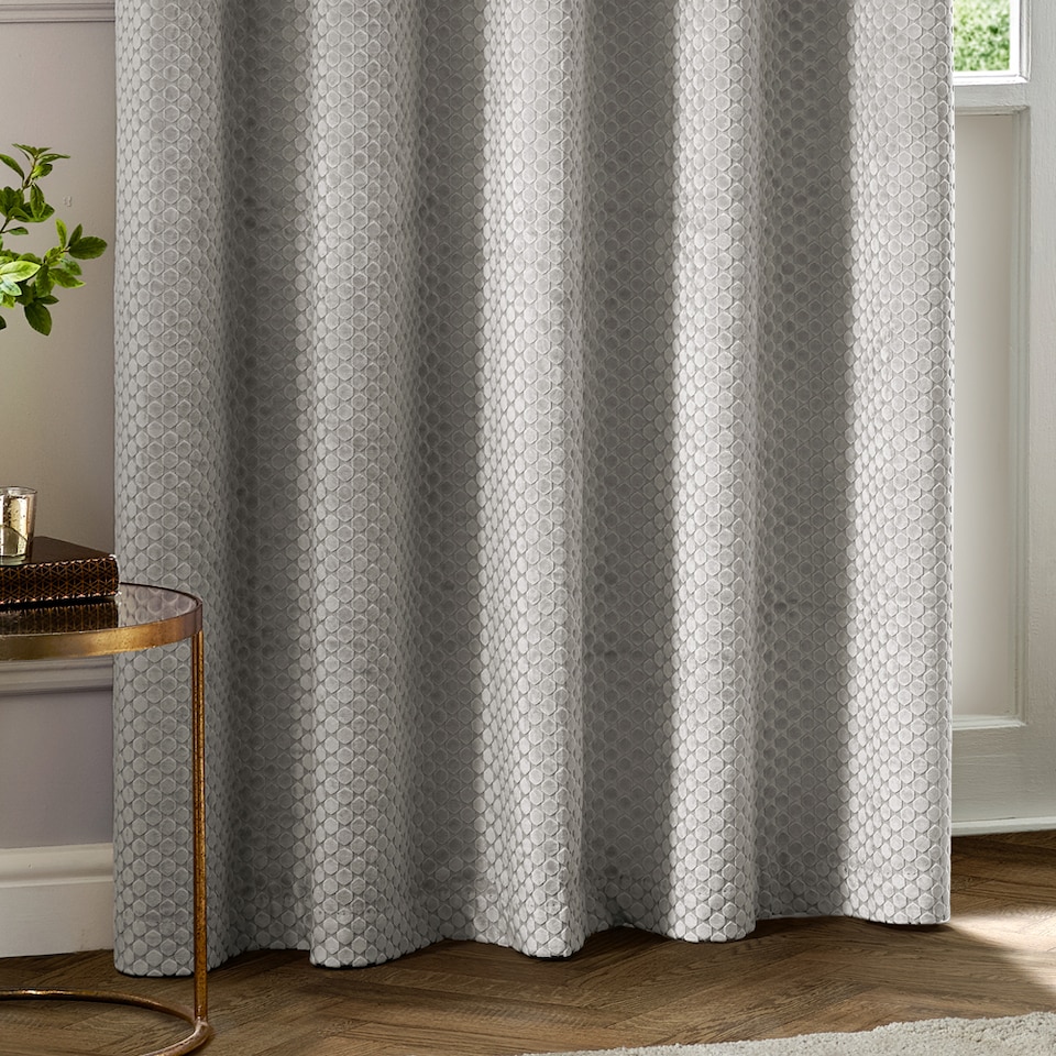 image 1 of Paoletti Neptune Fully Lined Velvet Eyelet Curtain Pair, 229cm width x 229cm drop | Silver | Silver | 1