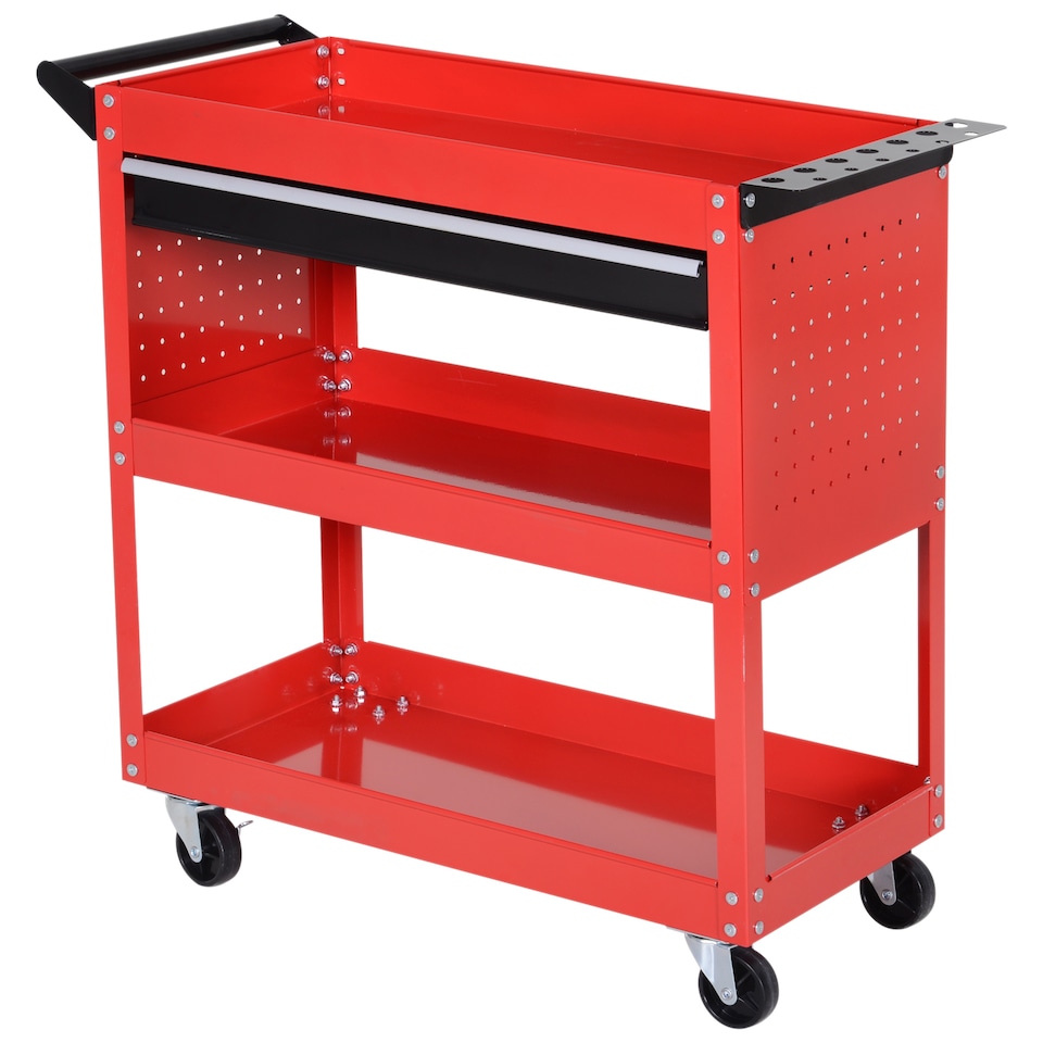 image 1 of DURHAND 3-Tier Tool Trolley Cart Storage Shelf Roller Cabinet DIY Box Garage Workshop with Drawer Red