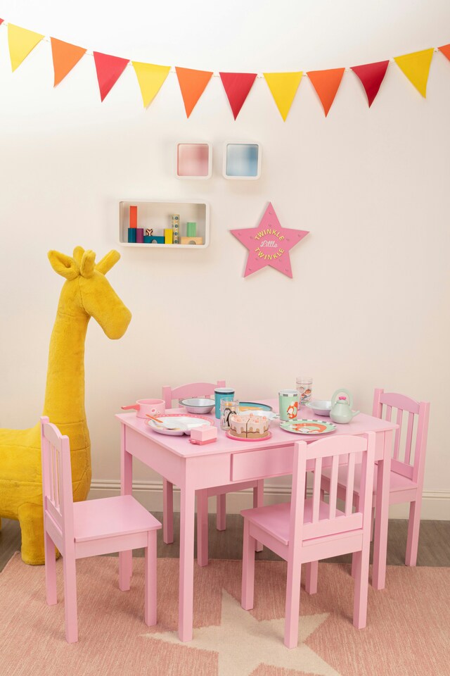 image 1 of Interiors by Premier Pink Kids 5 Piece Dining Set, Playful Dining Table with 4 Dining Chairs, Wooden Dining Table With Chairs Pink | Pink