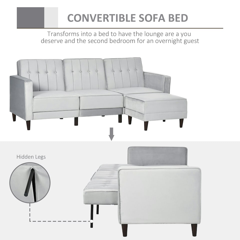 image 1 of HOMCOM Upholstered Sofa Bed Reversible Sectional Sofa Set Velvet-Touch Sleeper