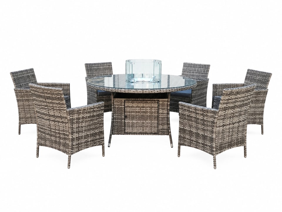 image 1 of Amazon Rattan Fire Pit Dining Set - Round Table with 6 Chairs | Grey