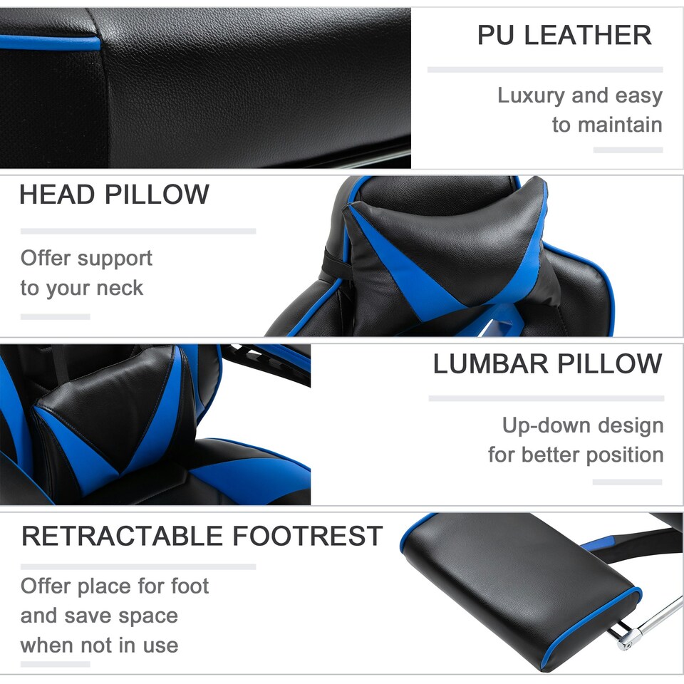 image 1 of Vinsetto Gaming Chair Ergonomic Reclining Manual Footrest Wheels Stylish Blue