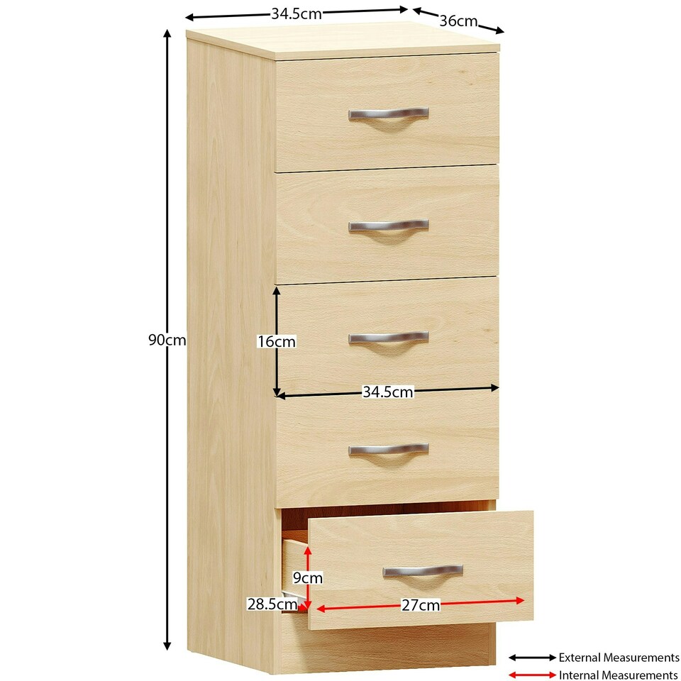 image 1 of Vida Designs Riano 5 Drawer Narrow Chest of Drawers Bedroom Storage, Pine