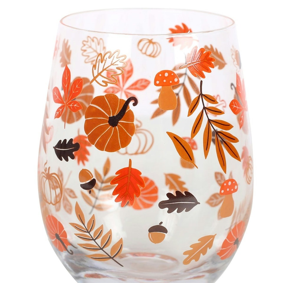 image 1 of Something Different Autumn Leaves And Pumpkins Stemless Wine Glass - Orange/Red - One Size