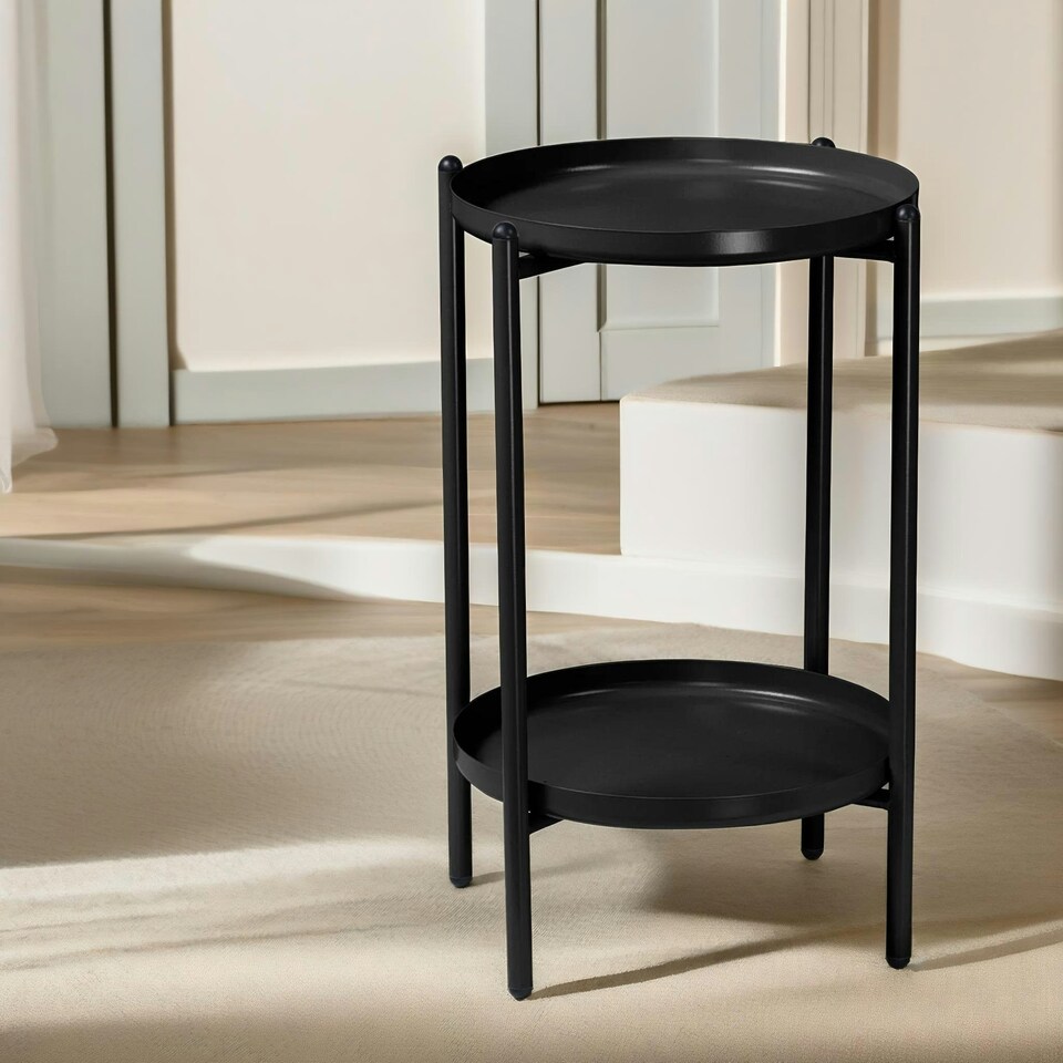 image 1 of 2 Tier Round Metal Coffee Table Black Black