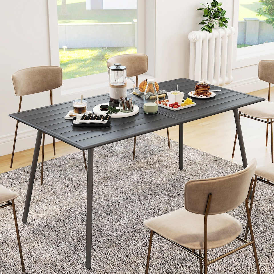 image 1 of Outsunny Garden Dining Table for 6 Person, Rectangle Outdoor Table with Easy Clean Slat Top, Rust Resistant Steel Frame, for Terrace, Balcony, 150 x 80 x 74 cm, Grey | Grey