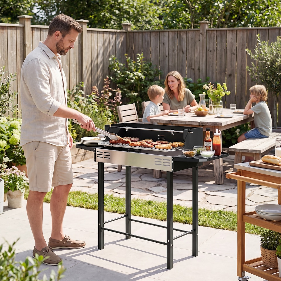 image 1 of Outsunny BBQ Rotisserie Charcoal Spit Roasting Machine w/ 3-Tier Grill Grate