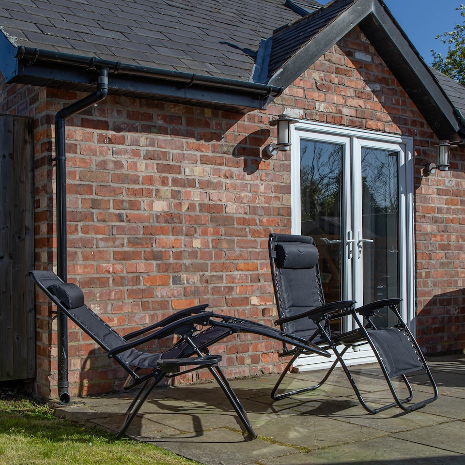 image 1 of Set of 2 Luxury Padded Multi Position Zero Gravity Garden Relaxer Chair Lounger in All Black