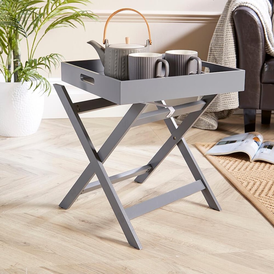 image 1 of Folding Butlers Side Table Portable Wooden Food Serving Tray | Grey